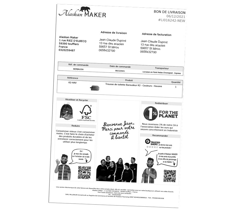 Image des papiers envoyés dans les colis Alaskan MAKER, réduits à deux feuilles max imprimées sur du papier certifié FSC issu de forêts durables Les papiers du colis maintenant