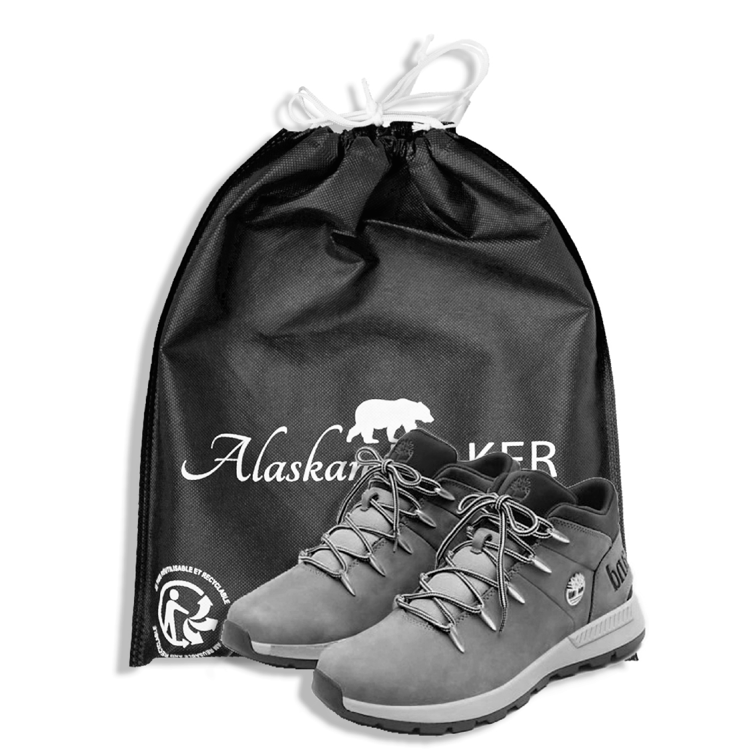 utilisez la pochette qui emballe vos colis Alaskan MAKER pour rangez emporter vos chaussures partout Réutilisation de la pochette pour emporter vos chaussures