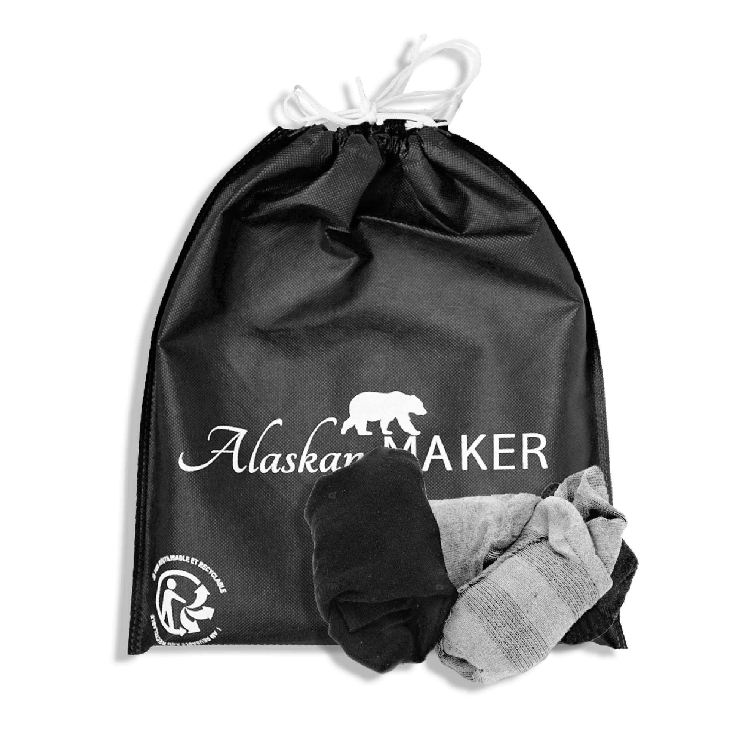 utilisez la pochette qui emballe vos colis Alaskan MAKER pour rangez vos chausettes Réutilisation de la pochette pour ranger vos chaussettes